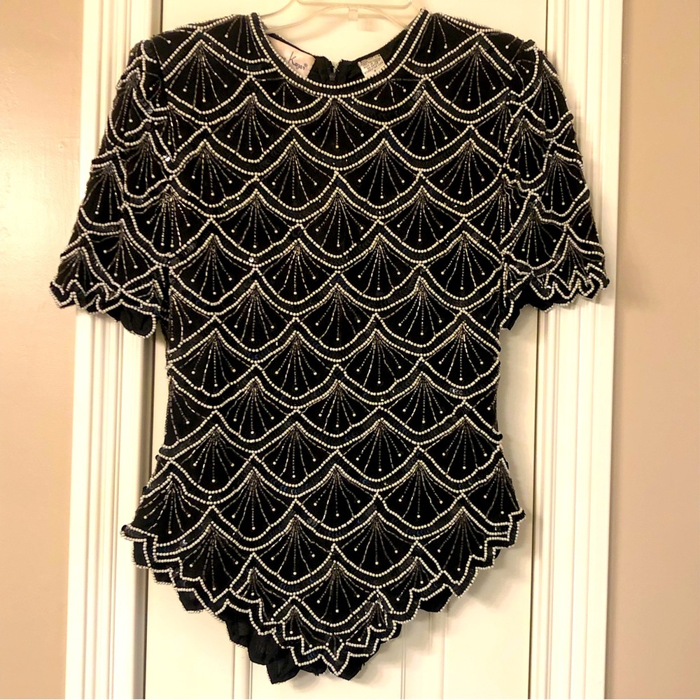 Vtg Laurence Kazar black & white handmade silk, beaded top- Rare with Tags!